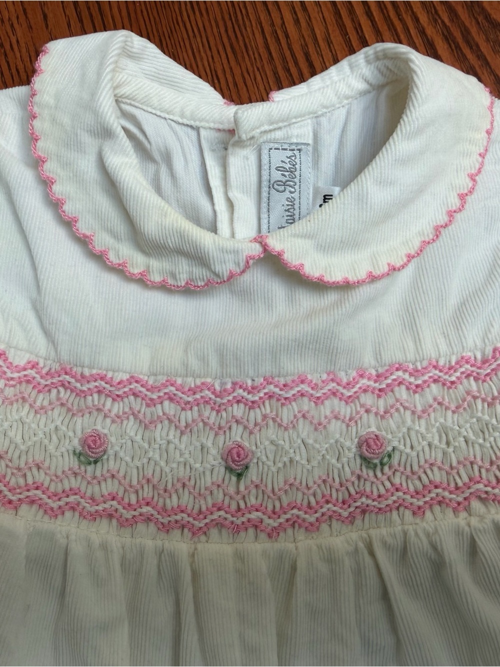 White Baby Girls' Smocked Cordurory Romper with Pink Trim